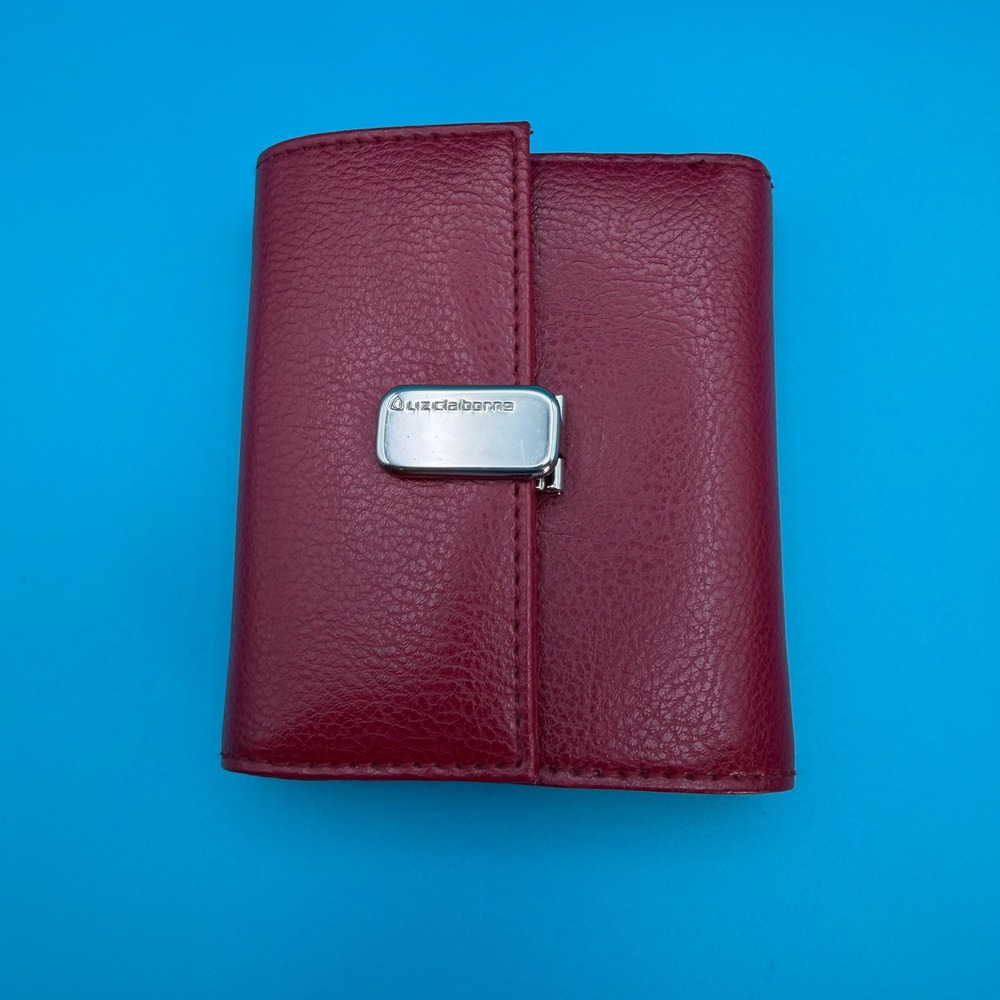 Liz Claiborne Trifold Wallet Women Small Burgundy Red Pebbled Faux Leather